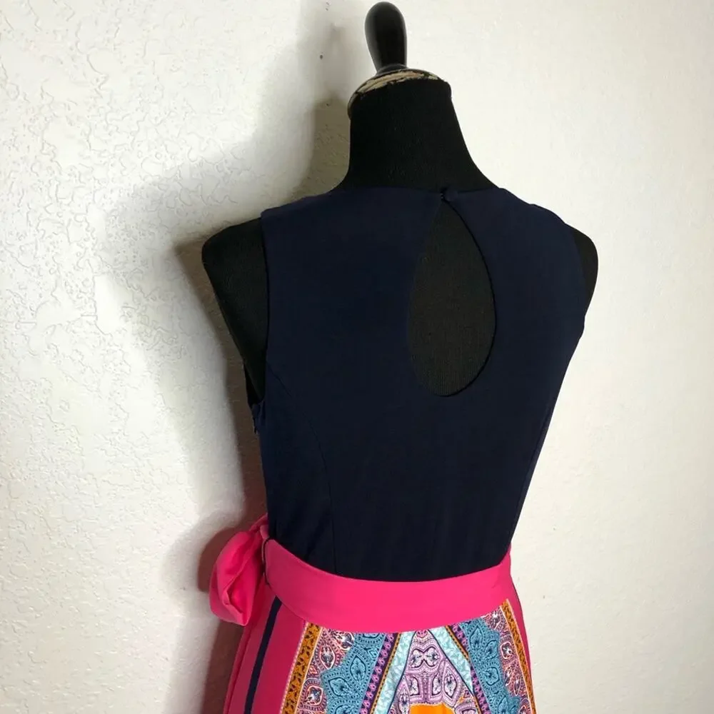 Eliza J navy pink orange scarf print sleeveless maxi dress size 8